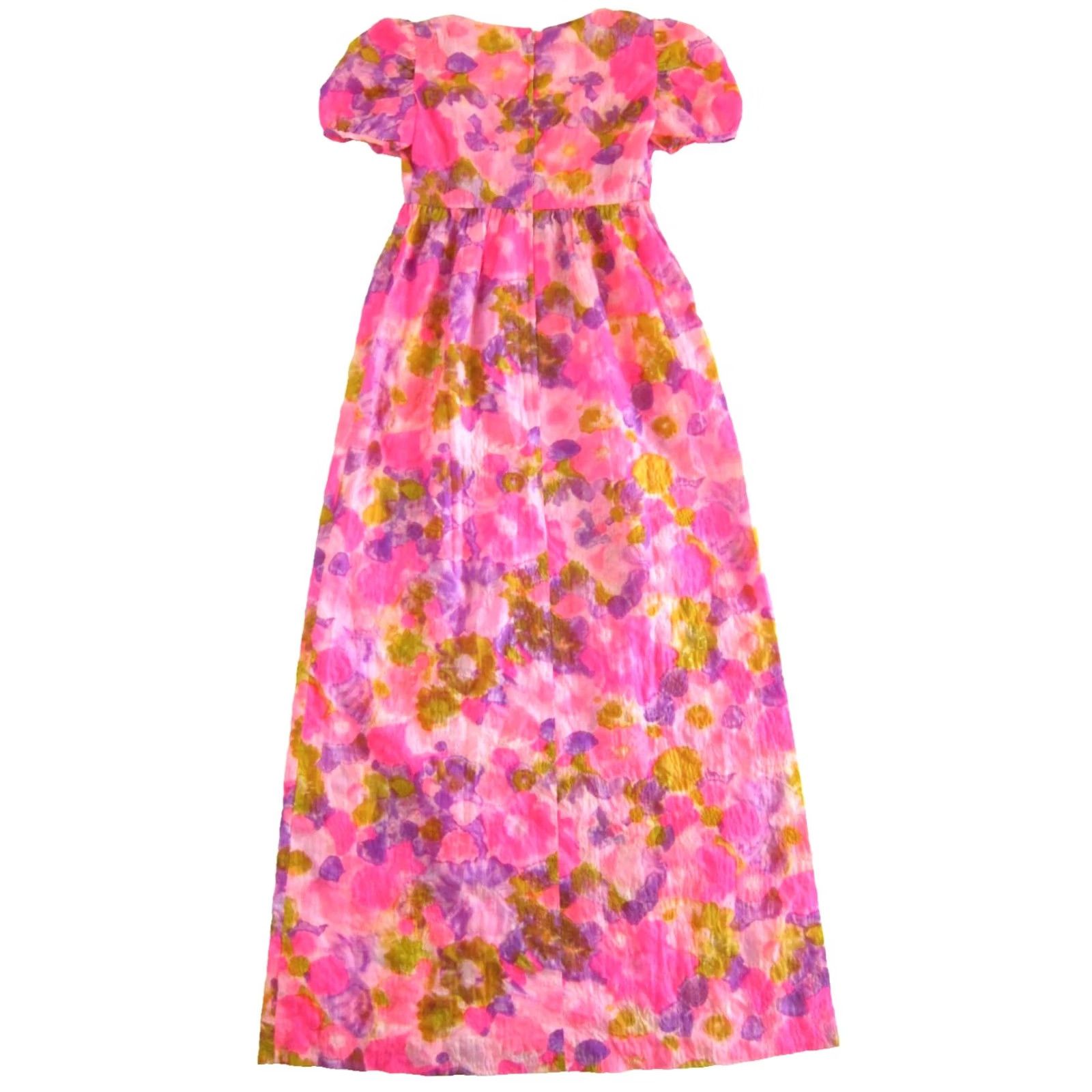 Vintage VINTAGE Handmade Neon Pink Purple Floral Short Sleeve Empire Waist Dress XS Tall Size 26" / US 2 / IT 38 - 2 Thumbnail