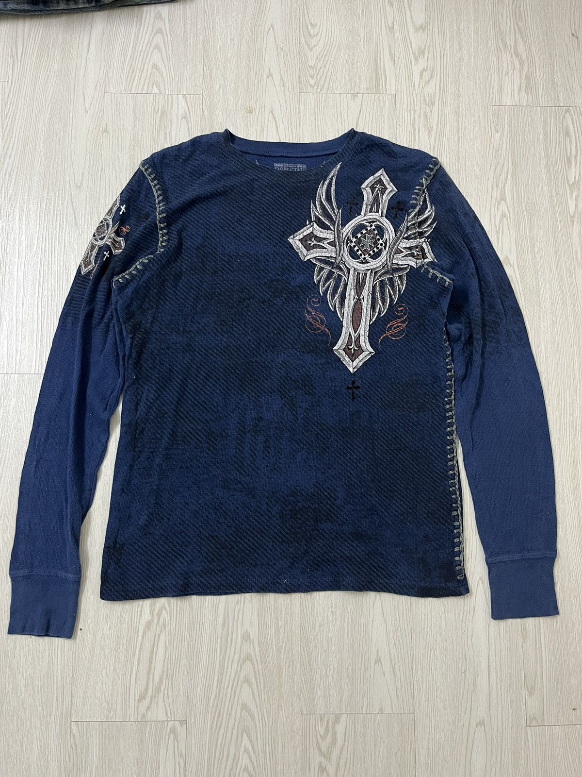 image of Affliction x Raw State Vintage Y2K Raw State Thermal Longsleeve Shirt in Blue, Men's (Size Medium)
