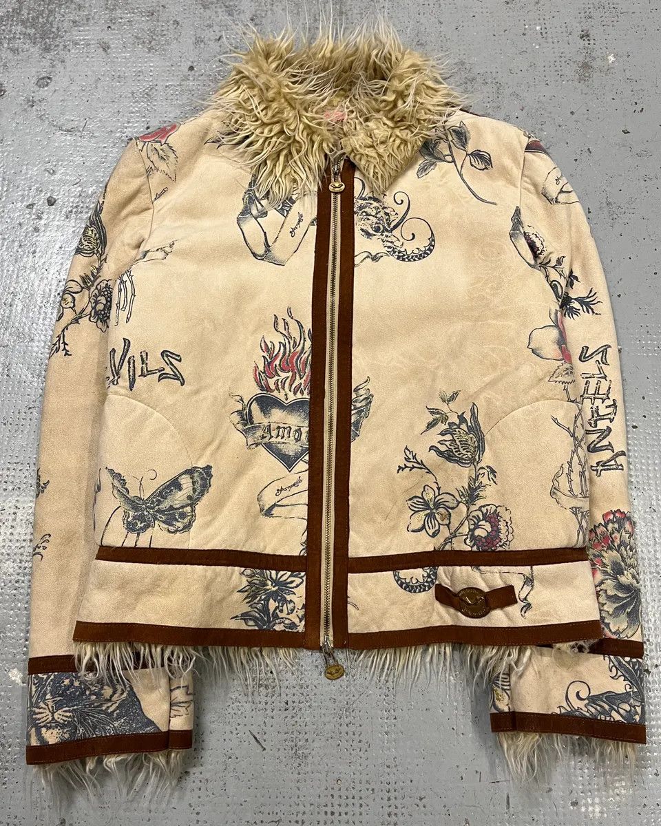 Roberto Cavalli AW2003 Roberto Cavalli Beige Tattoo Hearth Fur-Collar Jacket Size M / US 6-8 / IT 42-44 - 4 Thumbnail
