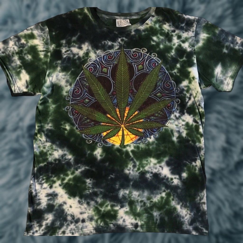Vintage Vtg 90s Weed Leaf Tie Dye Distress AOP Shirt L Psychedelic Drugs Stoner Surf Y2K Size US L / EU 52-54 / 3 - 1 Thumbnail