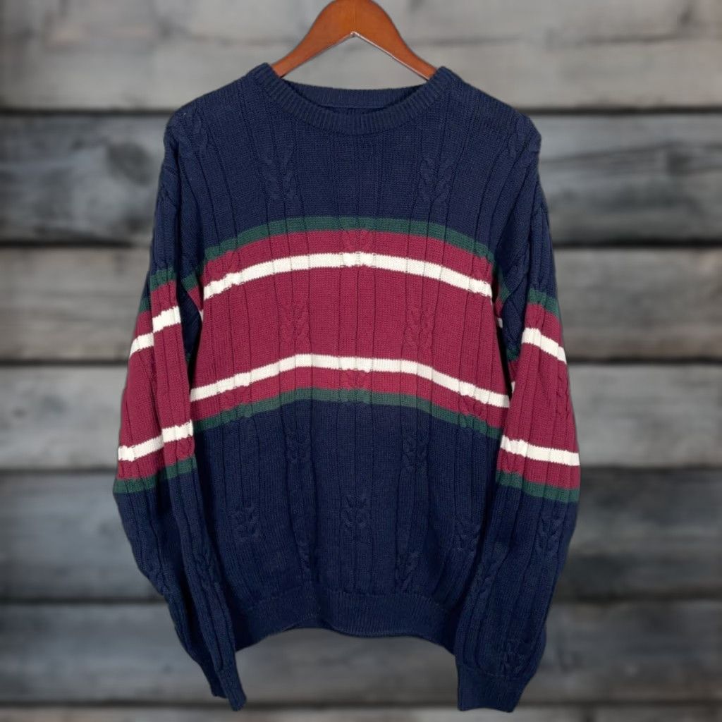 Vintage VINTAGE Y2K Chunky Knit Sweater Adult Large Blue Red Striped Cotton Retro Mens Size US L / EU 52-54 / 3 - 1 Thumbnail