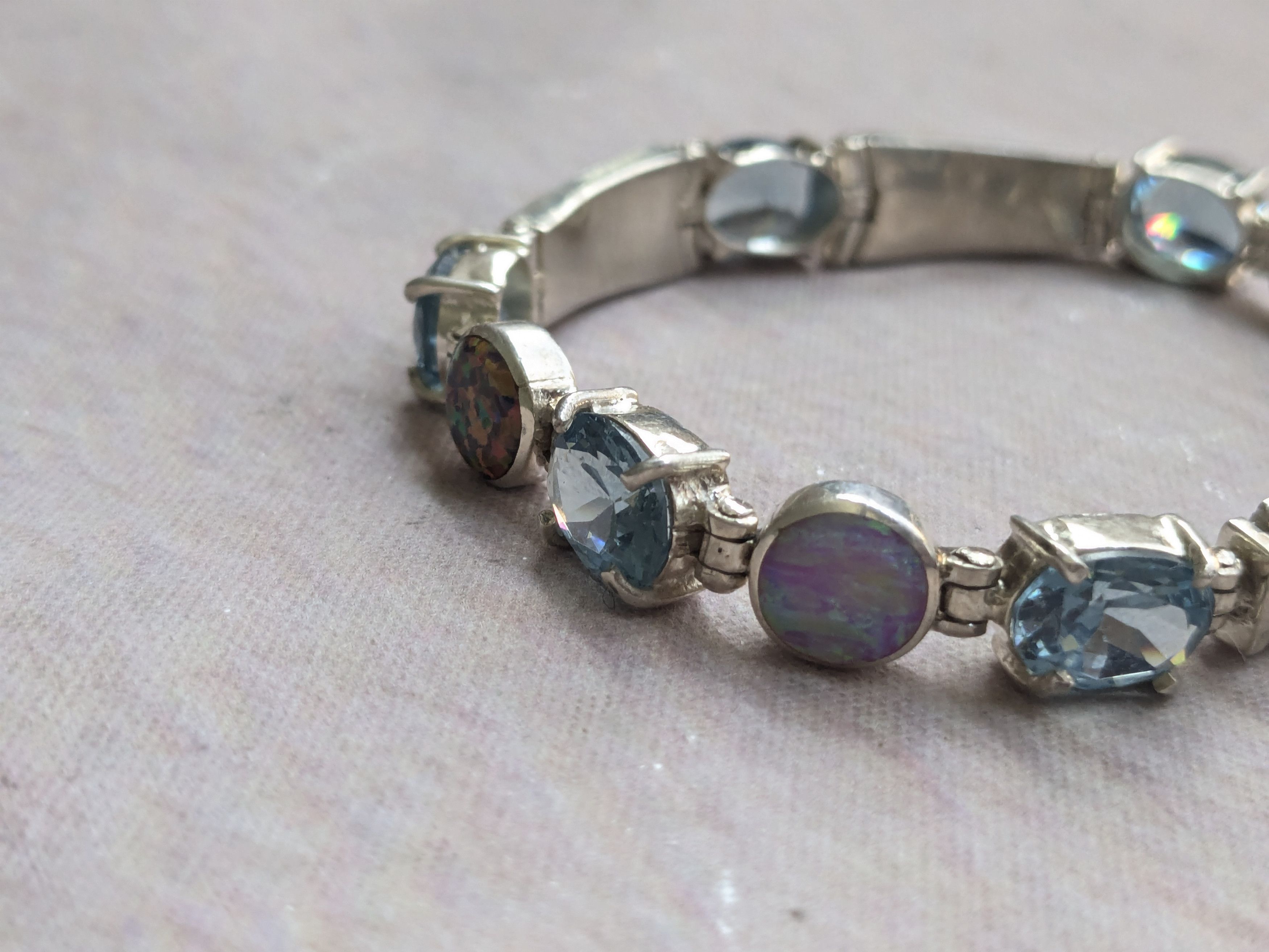 Jewelry Sterling Silver Tennis Bracelet Opal Blue Topaz Oval 7.25 Size ONE SIZE - 4 Thumbnail