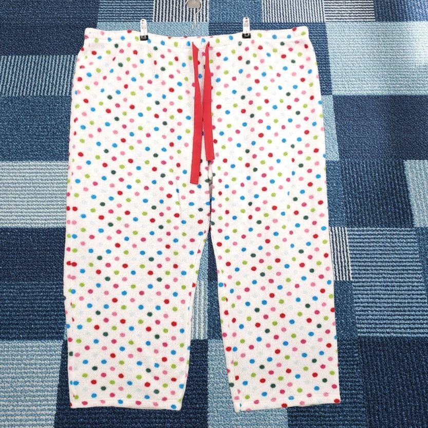 Vintage Pajama Pants Womens 3X Plus White Sleepwear Fleece Polka Dots Drawstring Lounge Size 40" / US 18 - 1 Thumbnail