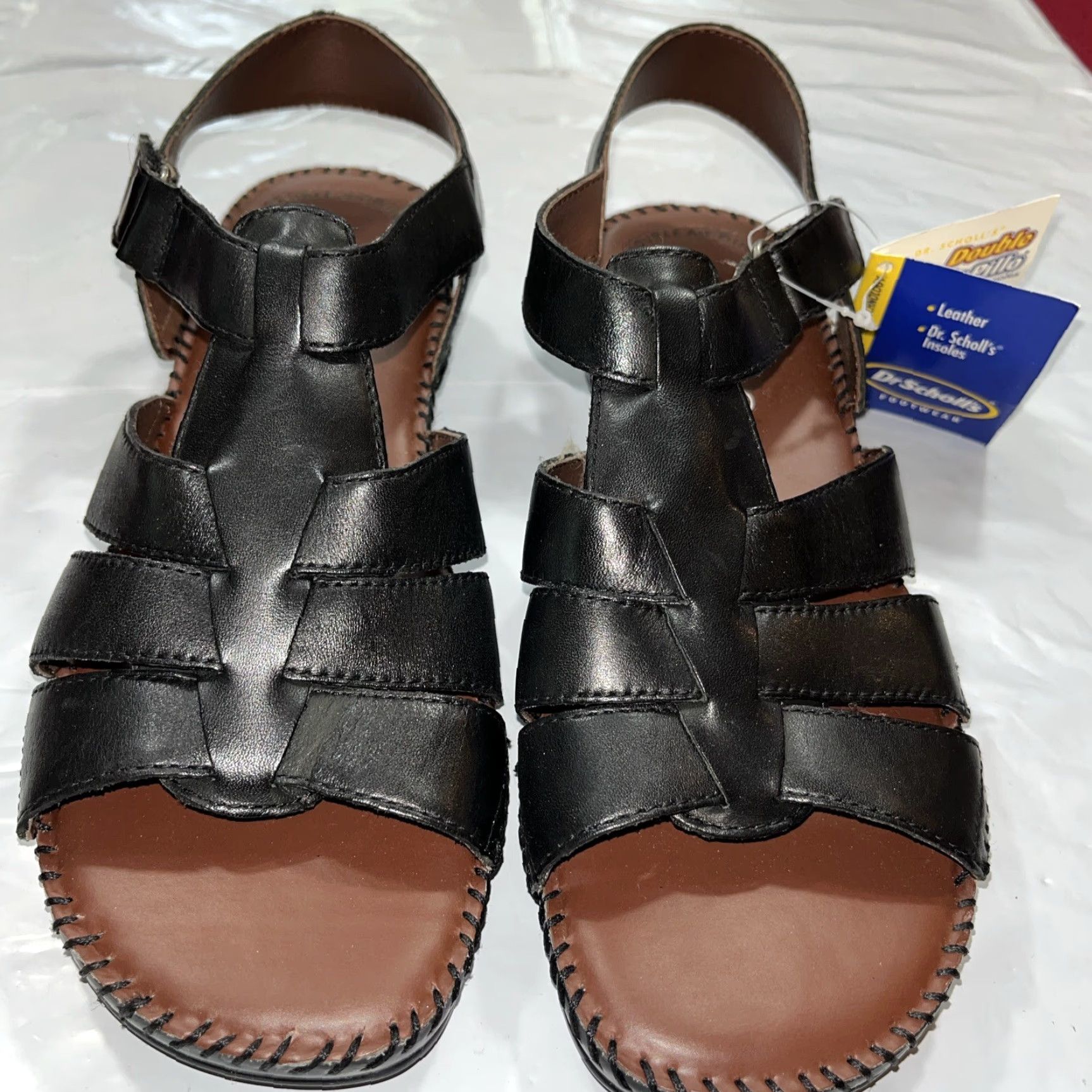 Vintage Dr. Scholl's Black Fisherman Leather Strap Open Toe Sandals W Women's 9 Wide Straps Flat Comfort Size US 9 / IT 39 - 7 Thumbnail