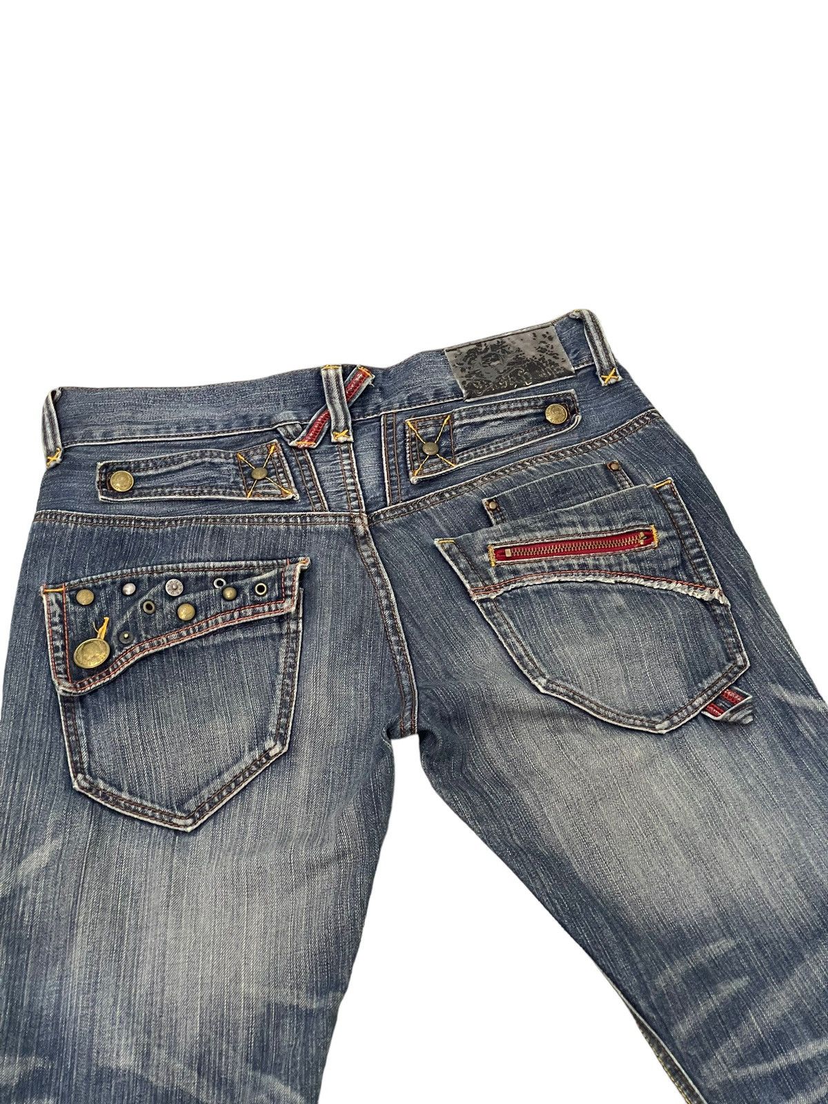 Japanese Brand Flare Jeans Rush Hour Faded Distress Boot Cut 8🟦4 Size US 33 - 18 Thumbnail