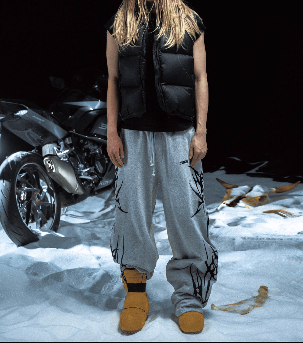 Y2K Grey patchwork totem embroidery Straight Baggy Pants