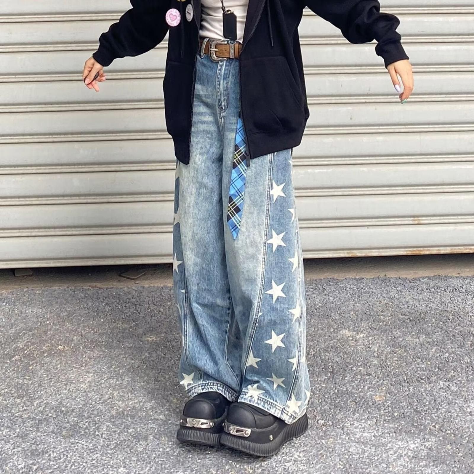 Vintage Blue Star Print Wide Leg Jeans, Baggy Denim Pants Size US 27 - 4 Thumbnail
