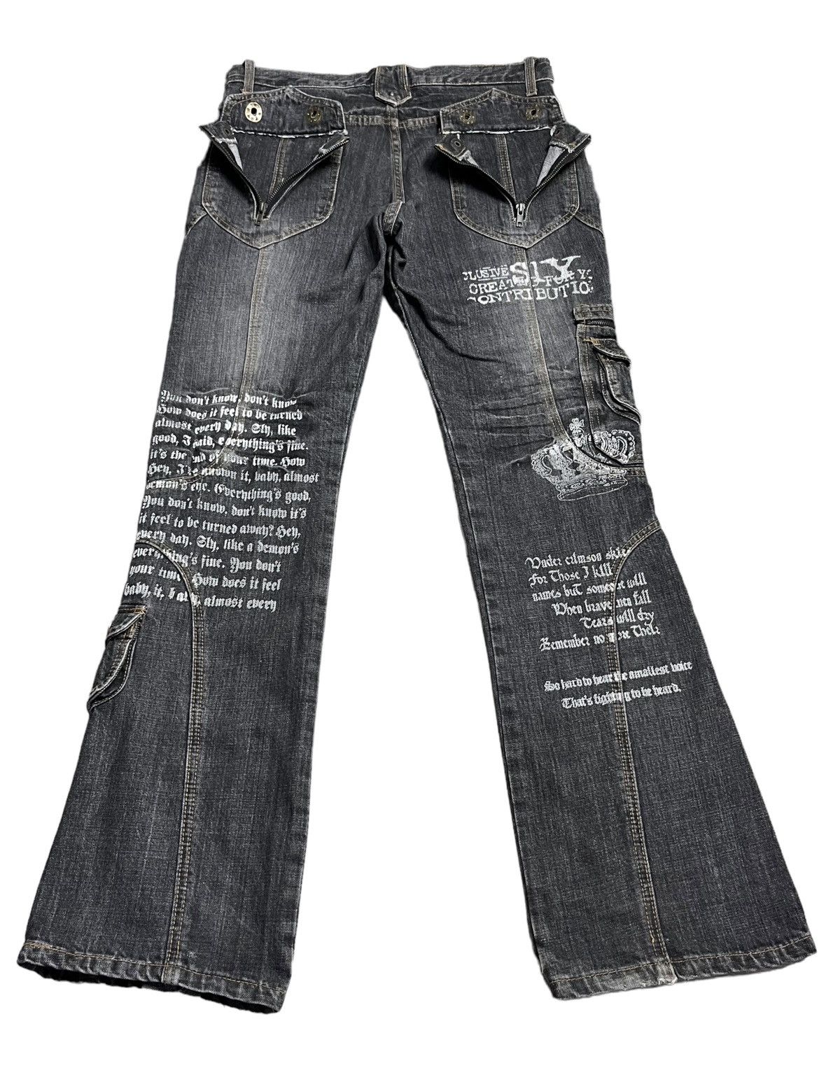 If Six Was Nine 🔥EVOLUTION Retro Punk Poems Multipocket Flare Denim Jeans Size US 31 - 2 Thumbnail