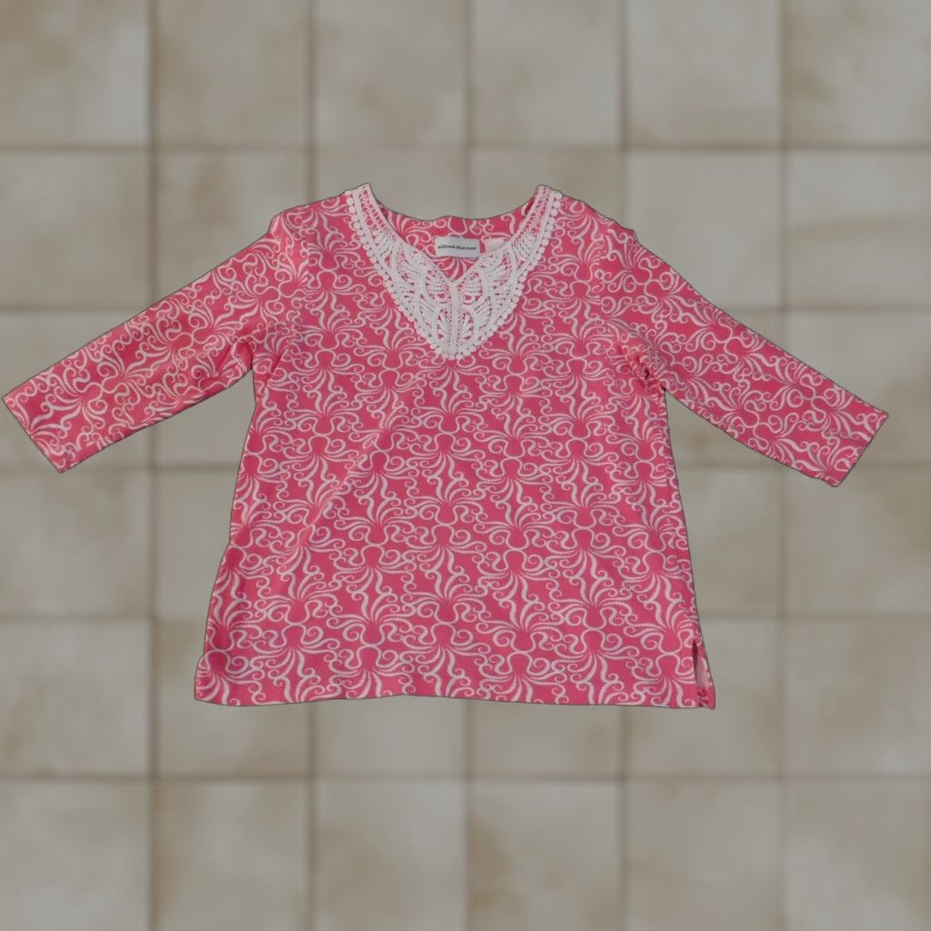 Vintage Alfred Dunner Shirt Womens Small Pink White Lace Trim V Neck 3/4 Sleeve Stretch Size S / US 4 / IT 40 - 1 Thumbnail