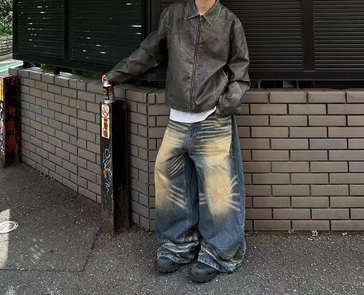 vintage washed distressed whiskering baggy jeans