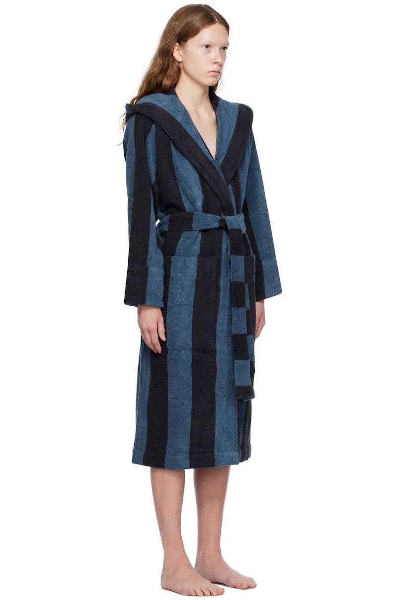 Tekla o1mle0525 Unisex Hooded Bathrobe Coats in Blue & Dusty Navy Size XS / US 0-2 / IT 36-38 - 2 Thumbnail