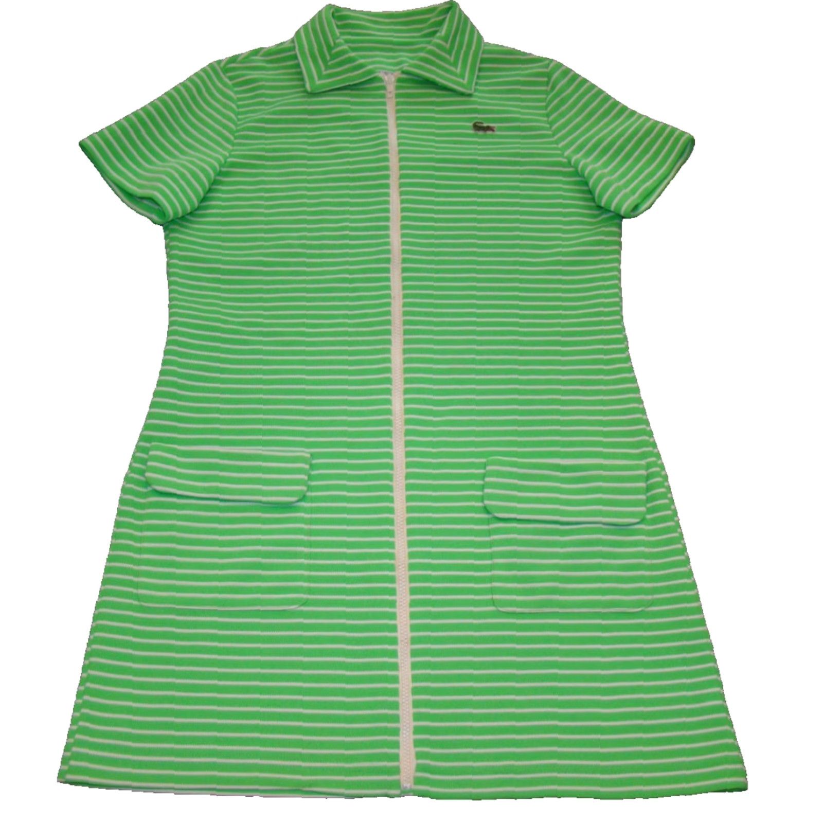 Lacoste VINTAGE Lacoste Womens Shirt Dress 16 Green Striped Knit Full Front Zip Dress Size XXL / US 16-18 / IT 52-54 - 4 Thumbnail