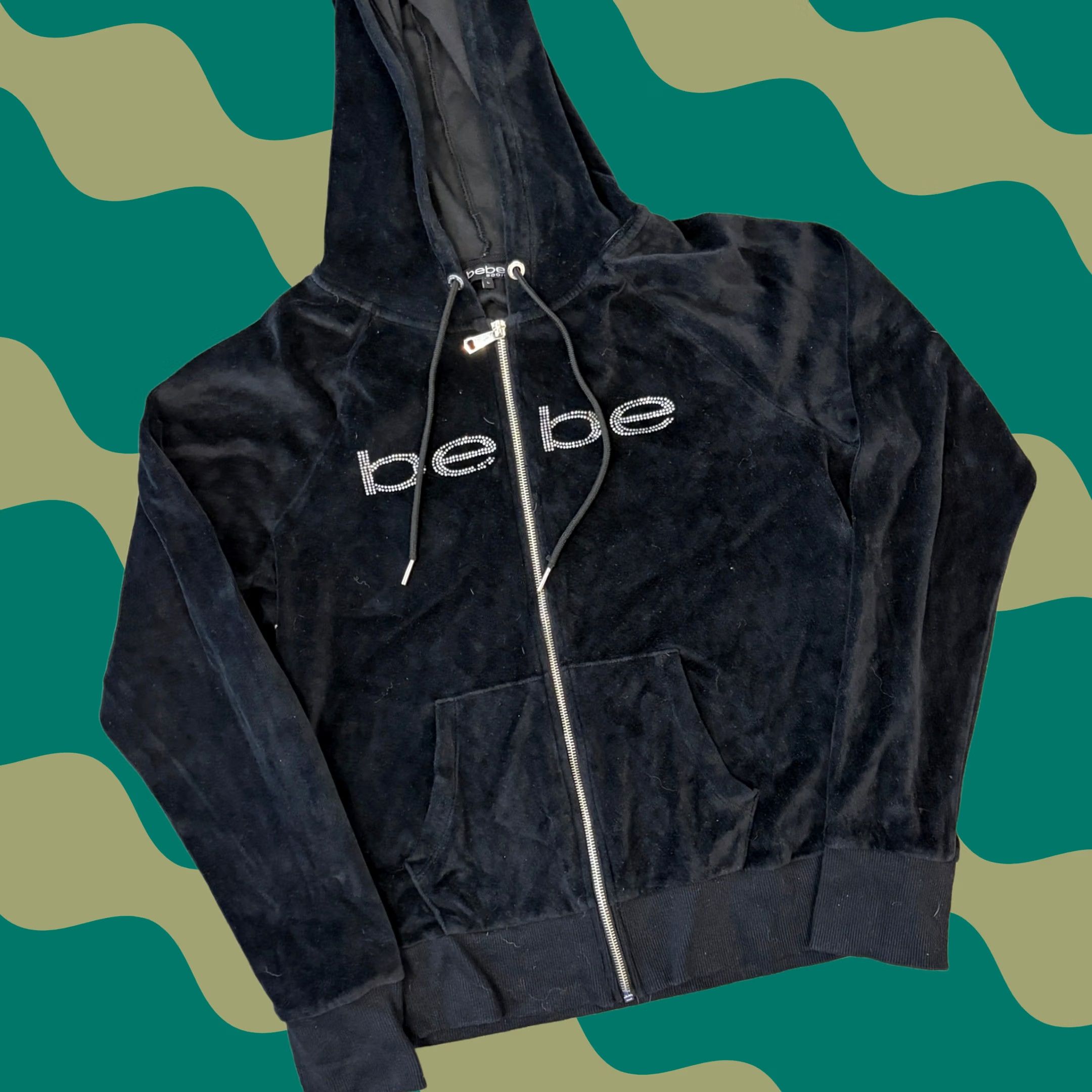 Bebe VINTAGE Y2K Bebe Mcbling Rhinestone Black Velour Full Zip Hoodie Sweatshirt L Womens Size L / US 10 / IT 46 - 1 Thumbnail