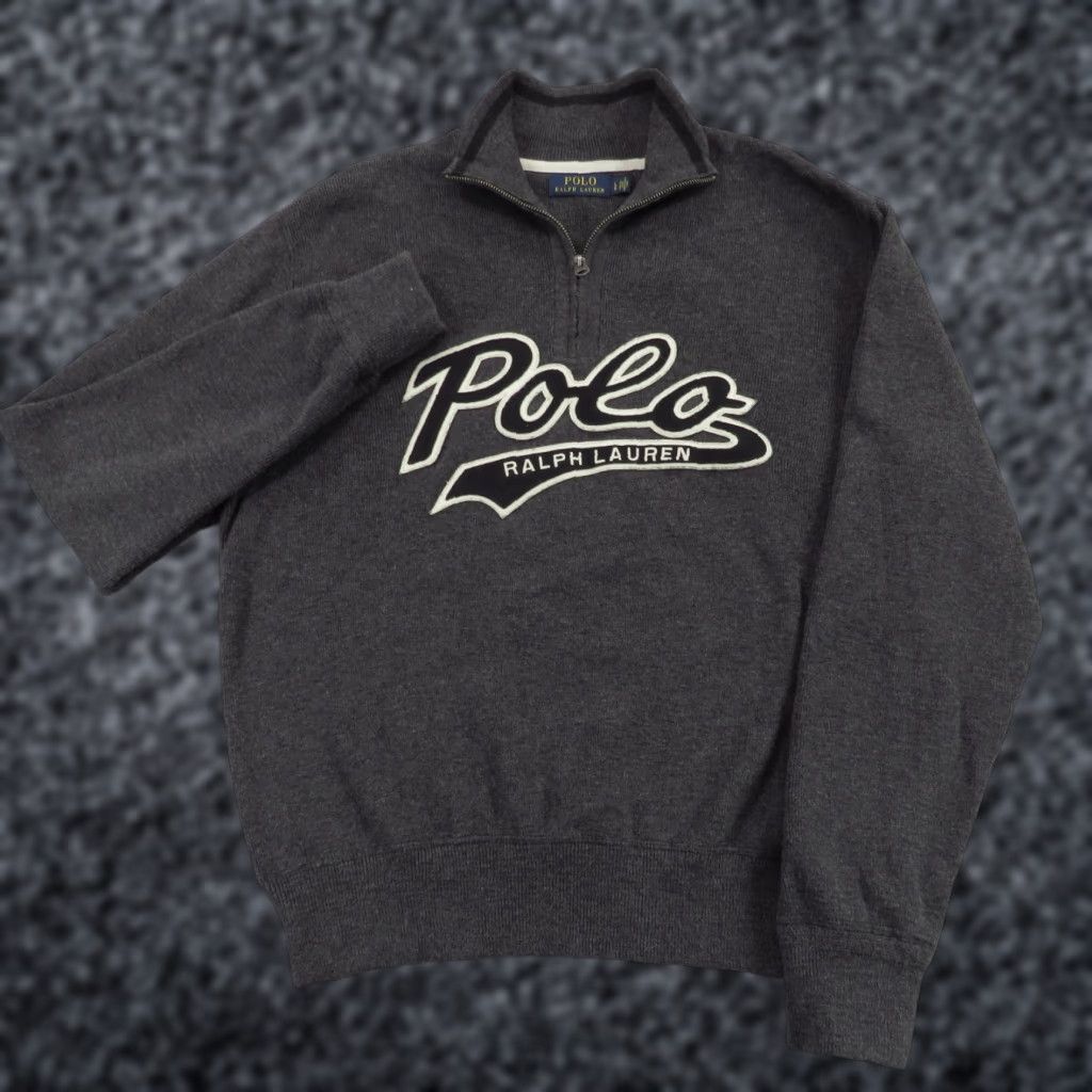 VINTAGE Polo Ralph Lauren Sweater Men Large Heather Charcoal Embroidered Script Spellout