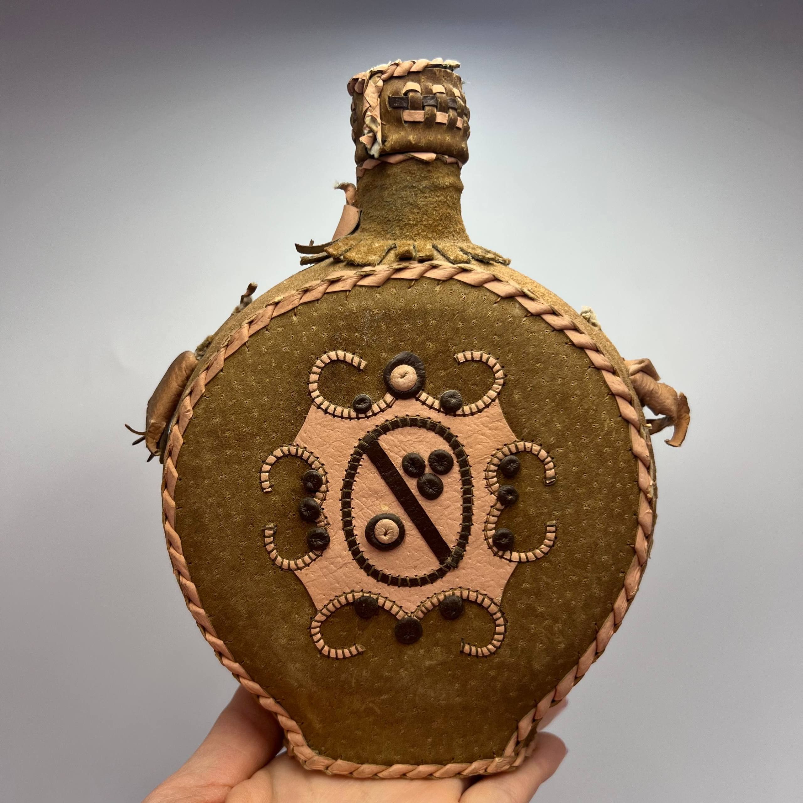Handmade Leather Wrapped Glass Bottle 43 cm Vintage Folk Art