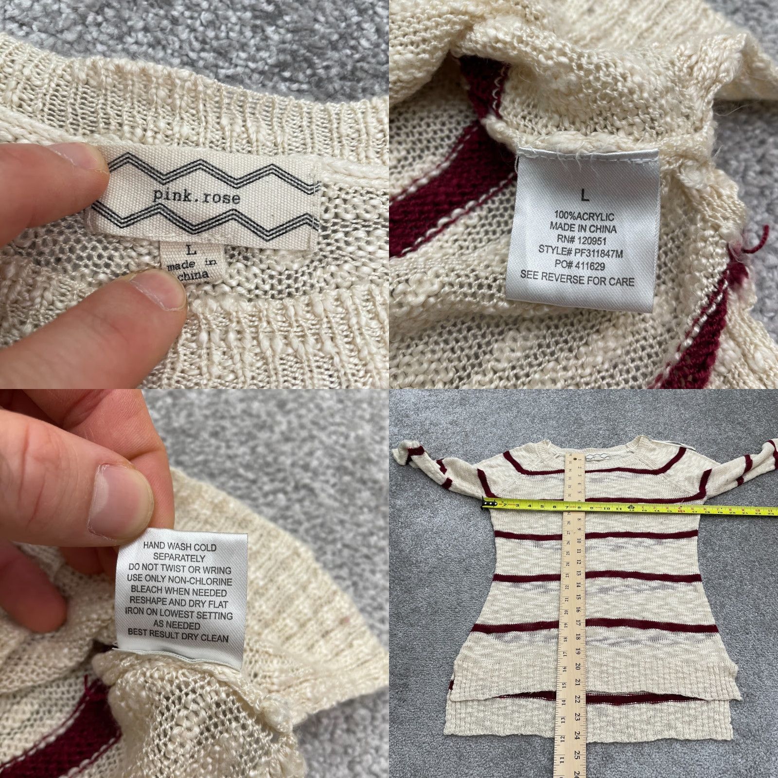 Vintage Pink Rose Sweater Womens L Beige Striped 3/4 Sleeve Acrylic Lightweight Knit Pullover Casual Shirt? Size L / US 10 / IT 46 - 8 Thumbnail