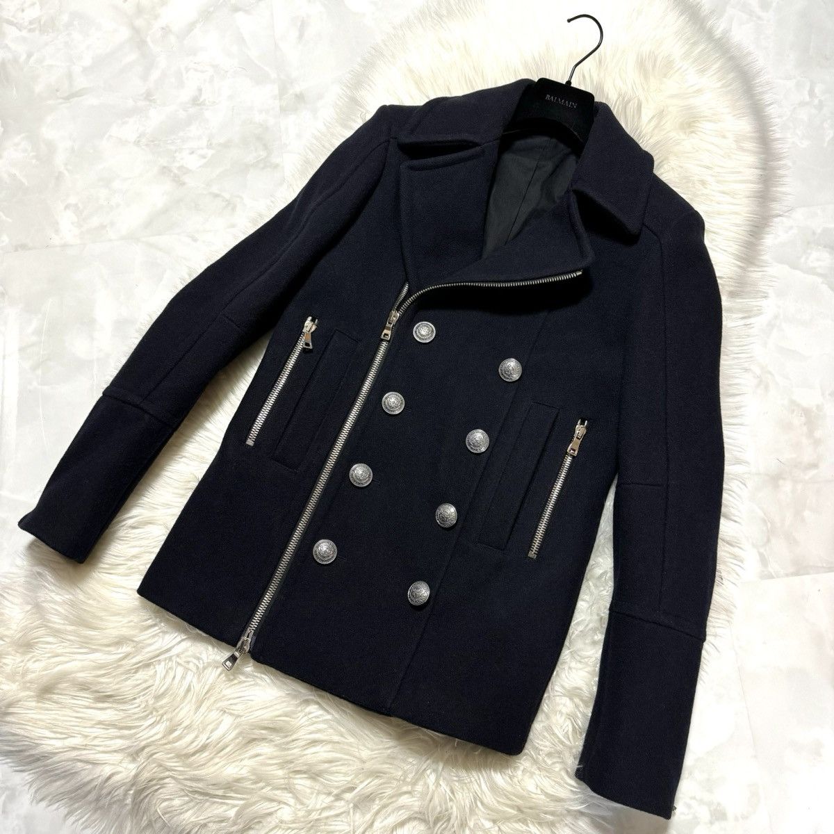 Balmain HOMME emblem button pea coat jacket 44 black