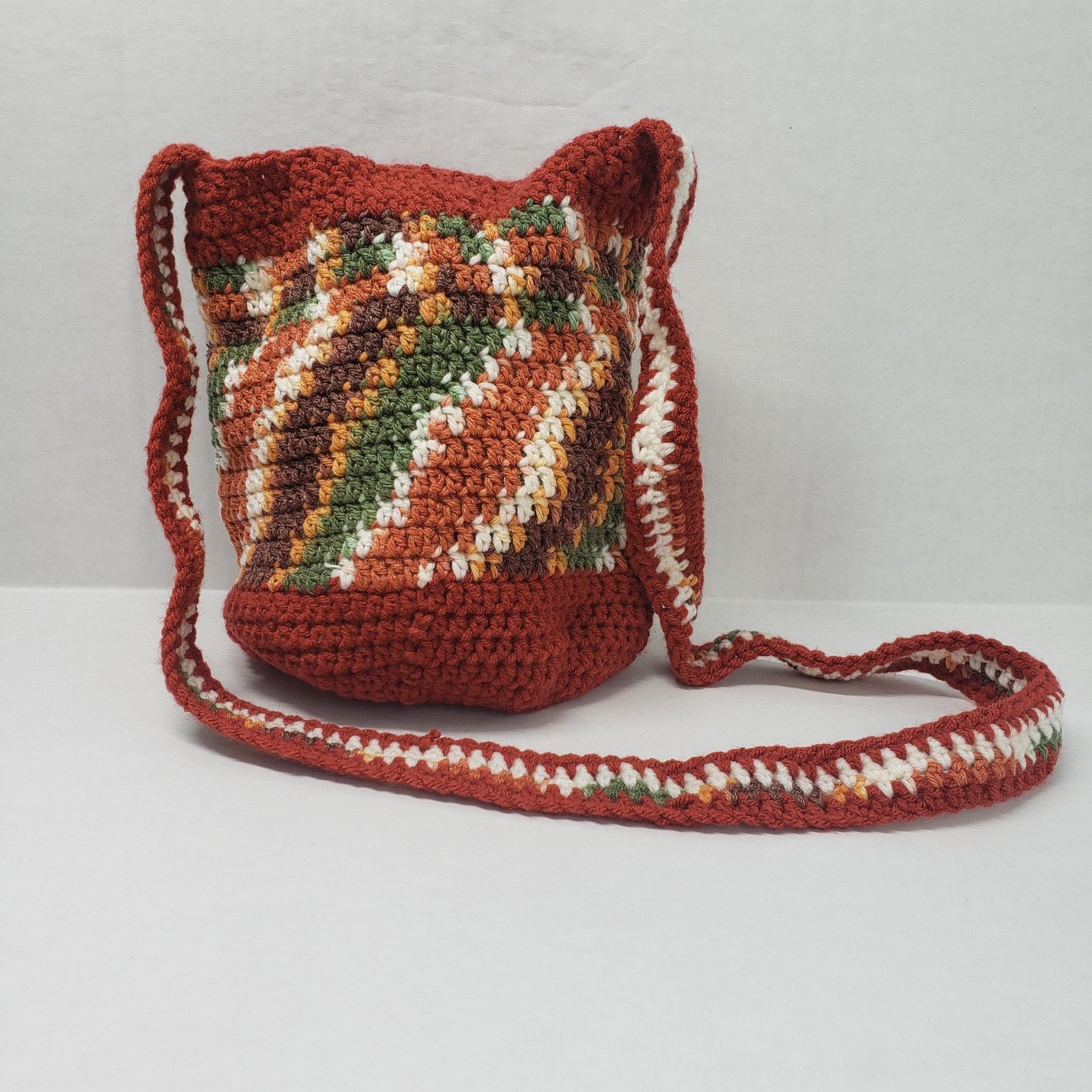 Handmade Striped Crochet Crossbody Bucket Bag Brown Small Handmade Size ONE SIZE - 4 Thumbnail