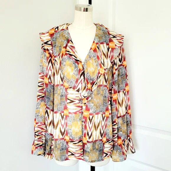 Vacation Juniors' Nicola Printed Button-Up Ruffle Long Sleeve Blouse Size L / US 10 / IT 46 - 2 Thumbnail