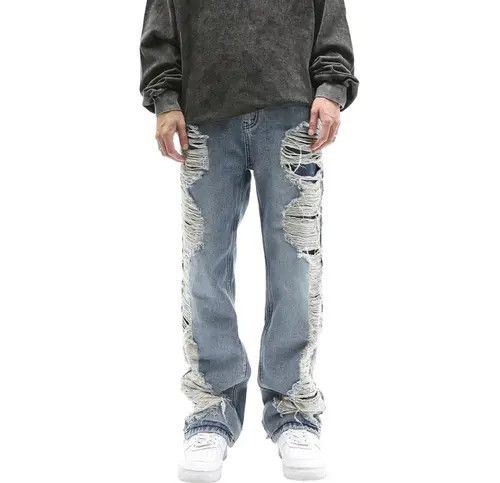 Jean Fully Distressed Side Seam Ripped Denim Straight-Fit Jeans Size US 32 / EU 48 - 3 Thumbnail