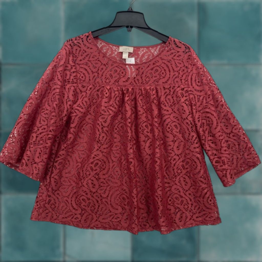 Loft LOFT Outlet Lace Top Women's Large Mauve 3/4 Sleeve Boho Feminine Nylon Sheer Shirt Size L / US 10 / IT 46 - 1 Thumbnail