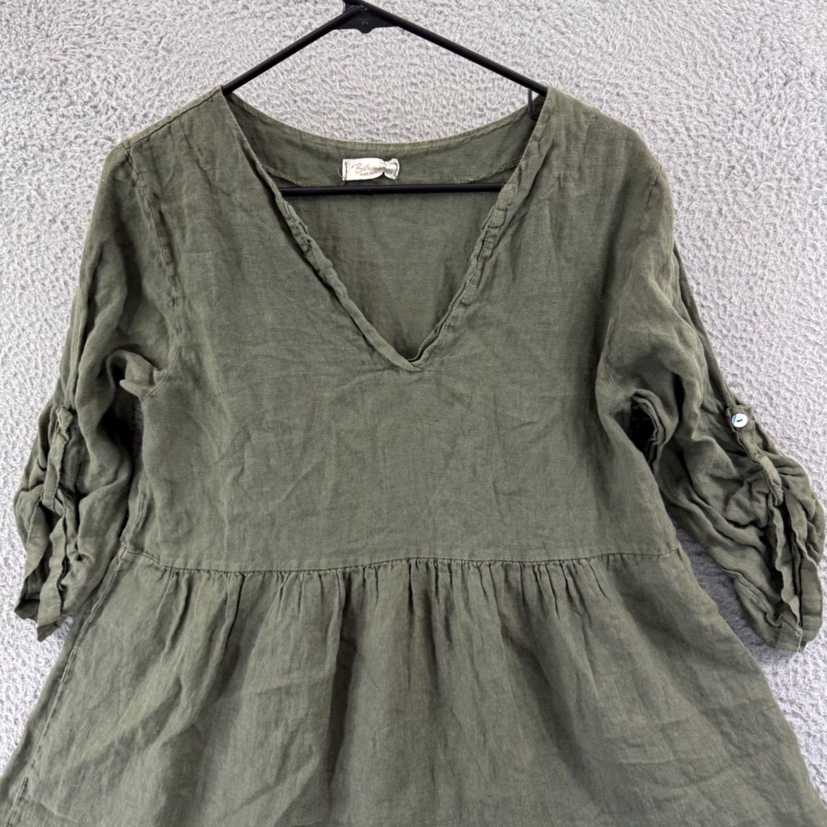 Vintage Bellambra Dress Women Medium Green Linen Trapeze Midi Boho Italy Violet 3/4 Sleeve Roll Tab Sleeve V-Neck Casual Travel Pattern Solid Lightweight Size M / US 6-8 / IT 42-44 - 4 Thumbnail