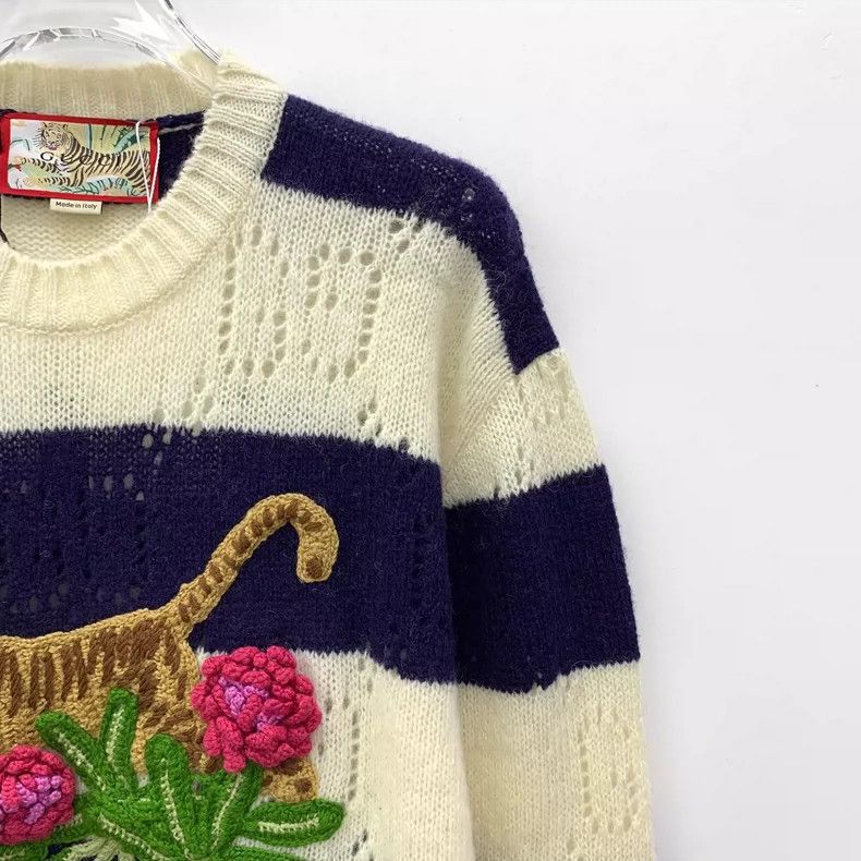 Gucci Striped Wool Sweater with Tiger Embroidery-2506