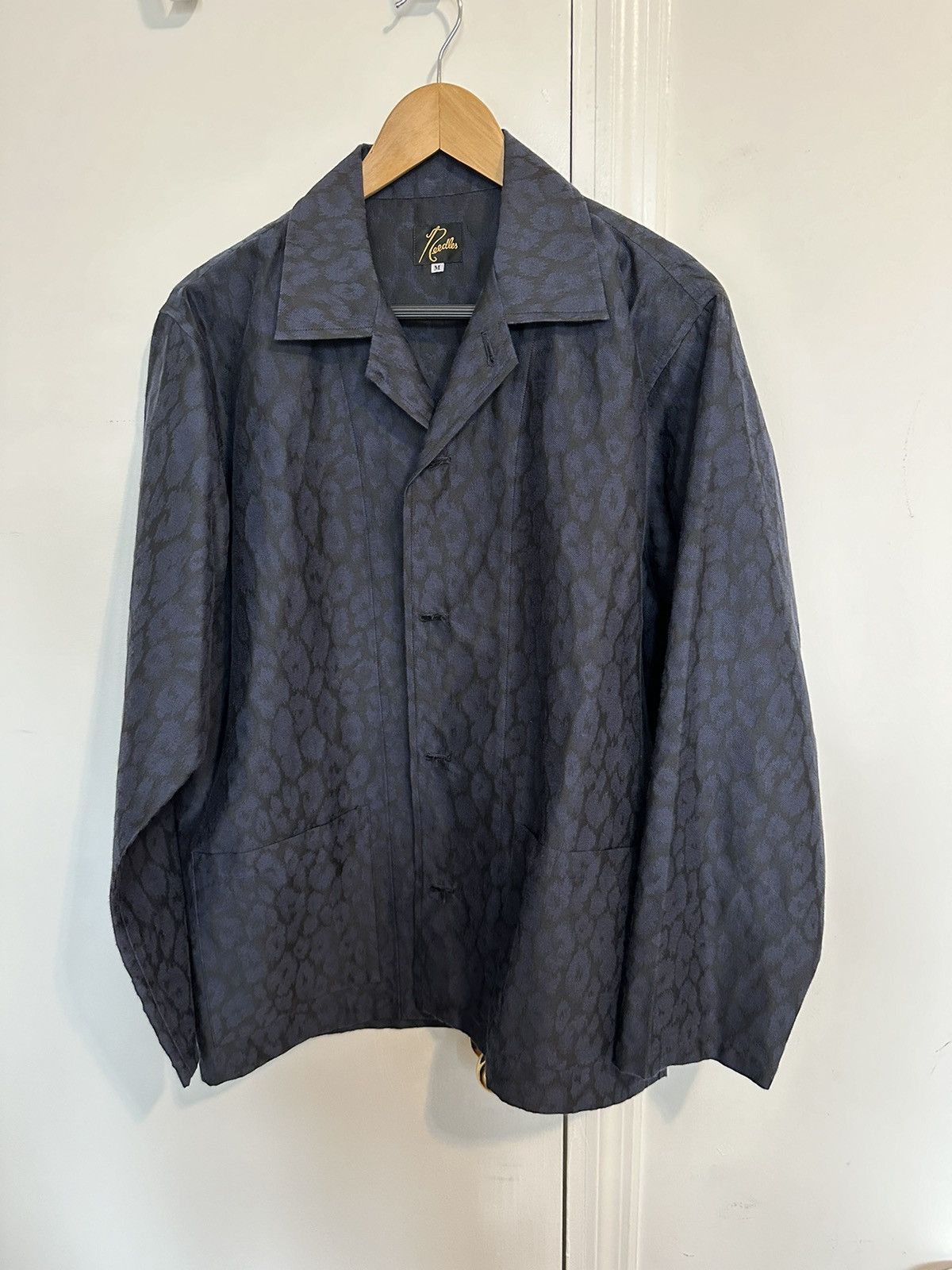 image of Needles Cabana Shirt Leopard Jacquard Navy in Blue, Men's (Size Medium)