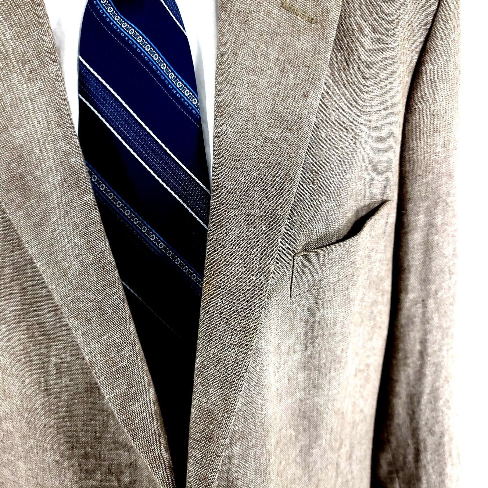 Stafford DAMAGED Stafford Linen Cotton 2 Button Blazer 44L Tan Birdse Size 44L - 4 Thumbnail