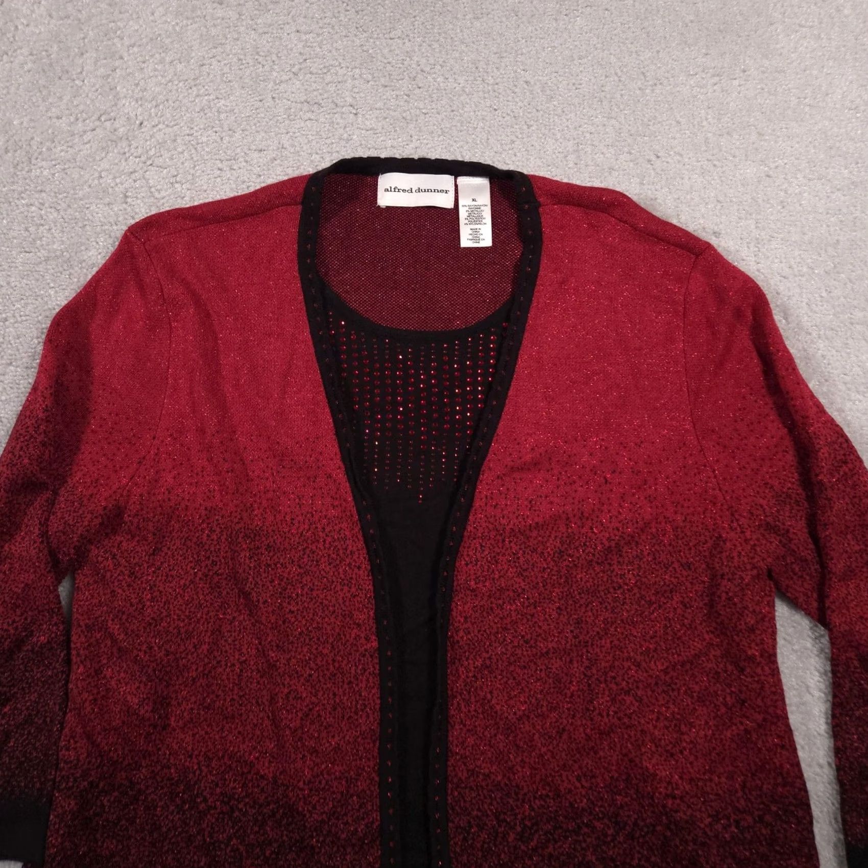 Vintage Alfred Dunner Sweater Cardigan Womens XL Red Ombre Rhinestone Open Front Geometric Knit 3/4 Sleeve Womens Size XL / US 12-14 / IT 48-50 - 3 Thumbnail
