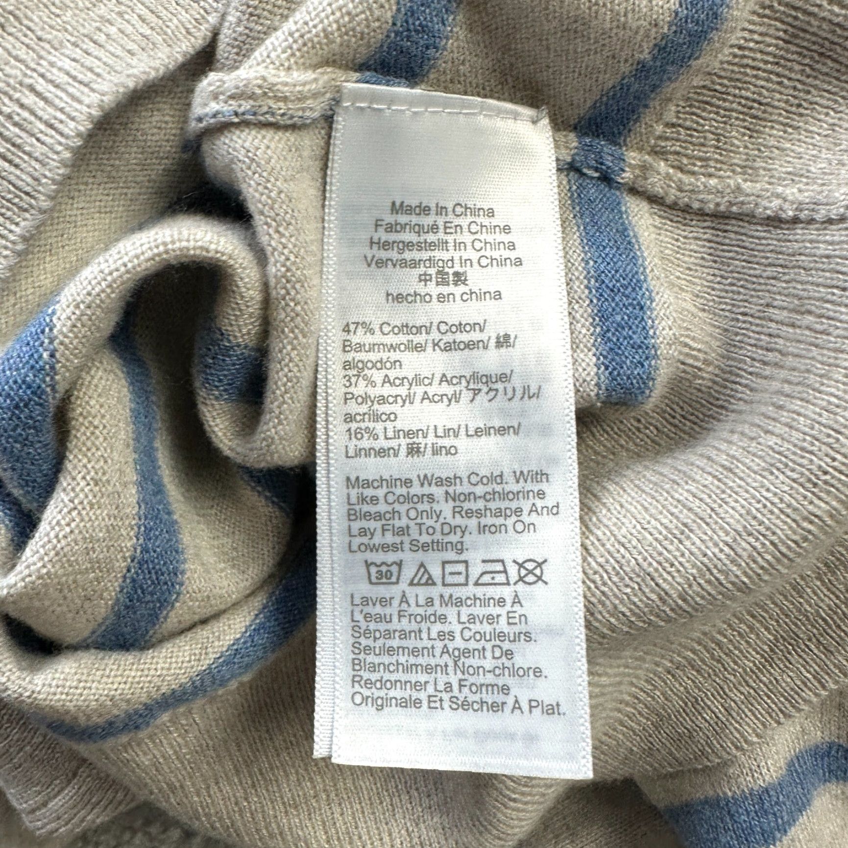 J.Crew J. CREW Hoodie Mens Large Beige Blue Striped Cotton Linen Blend Crew Neck Hooded Zipper Logo Size US M / EU 48-50 / 2 - 7 Thumbnail