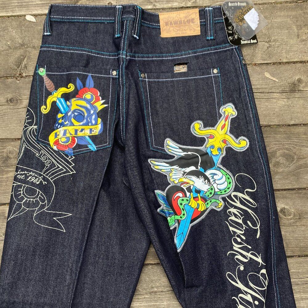 Japanese Brand × Vintage Vintage Y2K Embroidered Raw Blue Vindication Jeans Size 32 Size US 32 / EU 48 - 1 Thumbnail