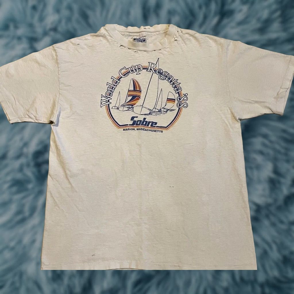 Vintage VINTAGE World Cup Regatta Shirt M White Thrashed Faded 80s 90s Surf Beach Grunge Single Stitch Mens T-Shirt Size US M / EU 48-50 / 2 - 1 Thumbnail