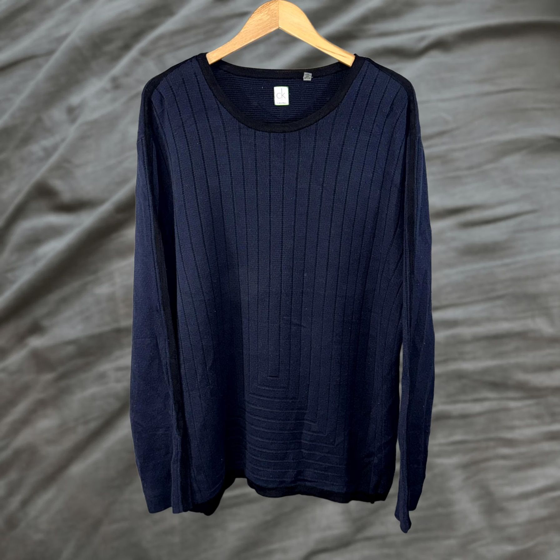 Calvin Klein Calvin Klein Sweater Mens 2XL Navy Blue Ribbed Crewneck Pullover Cotton Blend Knit Lightweight Striped Crew Neck Mens 2XL Navy Size US XXL / EU 58 / 5 - 1 Thumbnail