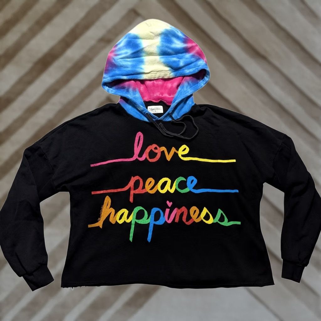 Vintage Lauren Moshi Hoodie Cropped Black Tie Dye Hood Love Peace Happiness Small Womens Sleeve Long Pullover Graphic Print Casual Satin? Size S / US 4 / IT 40 - 1 Thumbnail
