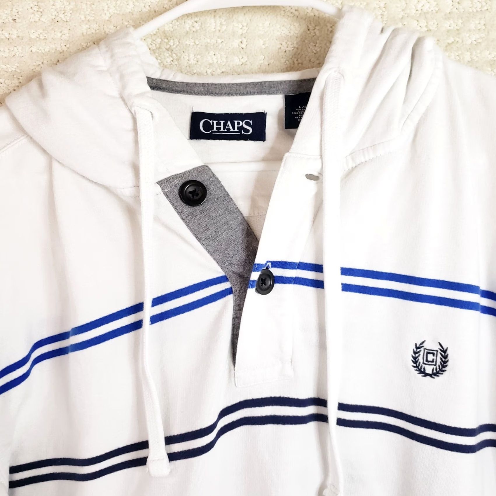 Chaps Chaps Men's L White Blue Navy Striped Cotton Blend Long Sleeve Pullover Hoodie Size US L / EU 52-54 / 3 - 4 Thumbnail