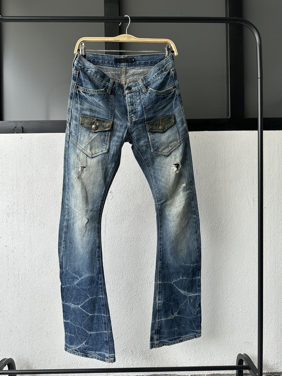 image of Avant Garde Fuga Japan Distressed Flared Denim in Blue Distressed, Men's (Size 31)