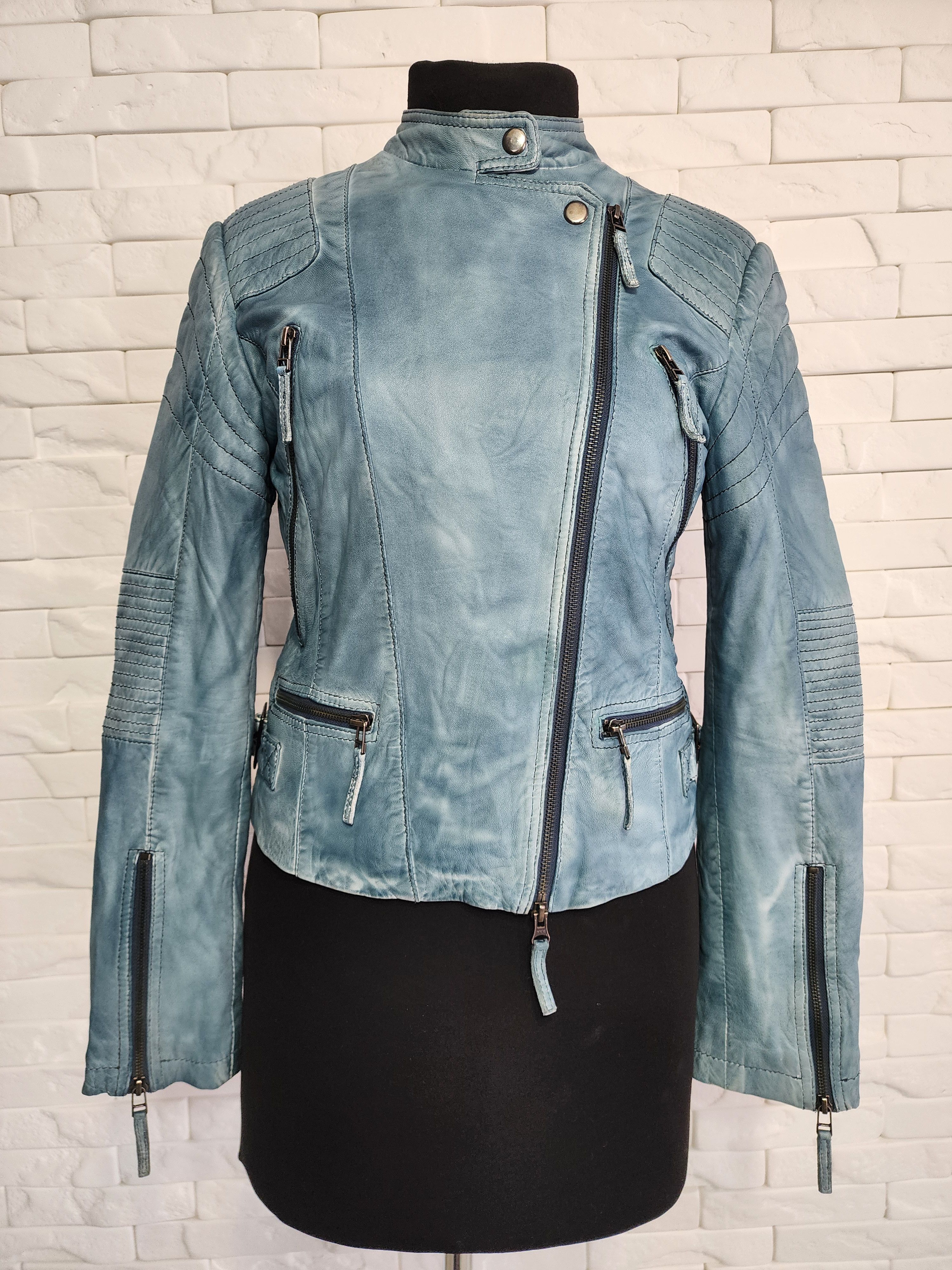 Other Blue Leather Biker Jacket - Women's Metal Zipper Moto Jacket Size M / US 6-8 / IT 42-44 - 1 Thumbnail