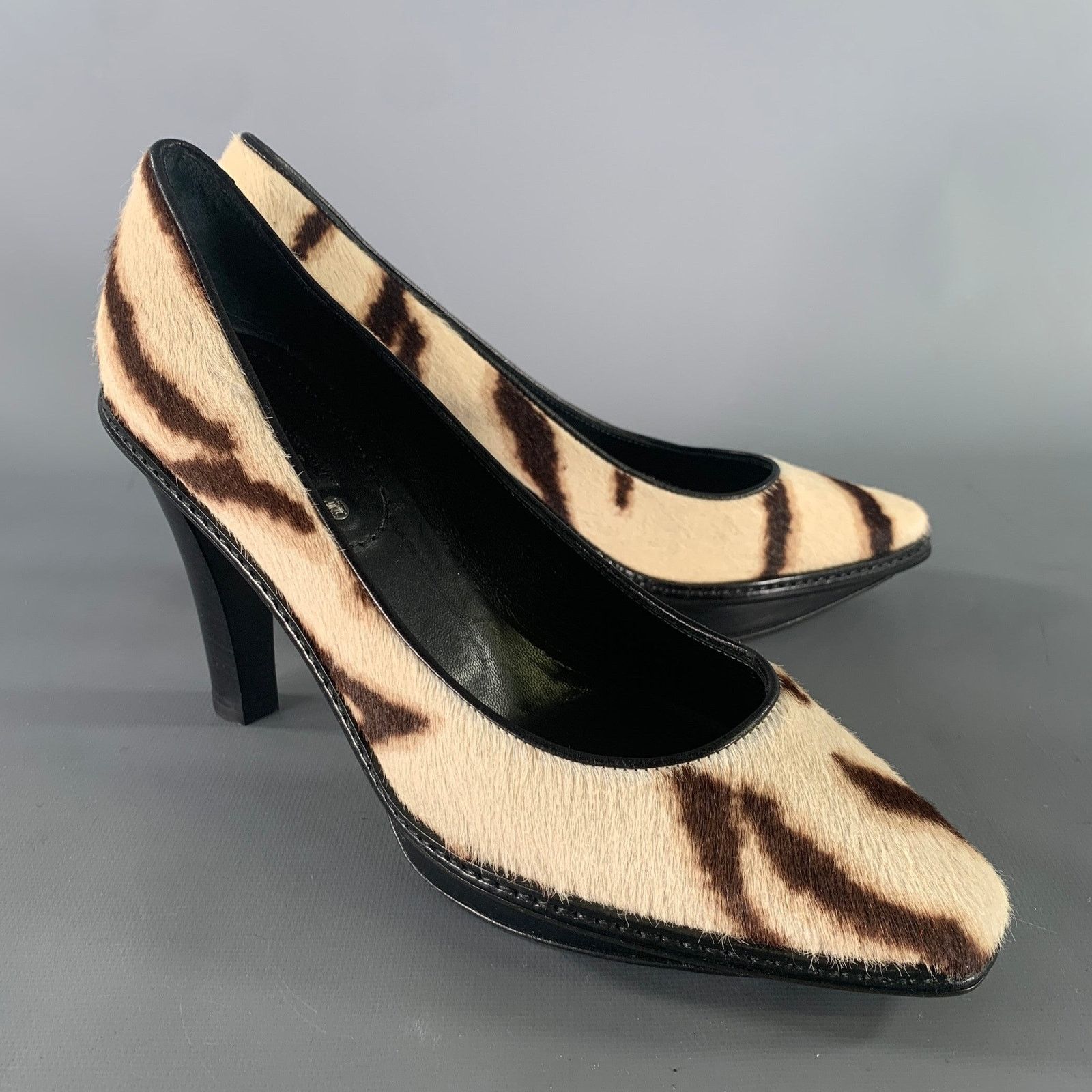 Celine CELINE Cream Brown Animal Print Calf hair Pointed Toe Pumps Size US 7 / IT 37 - 1 Thumbnail