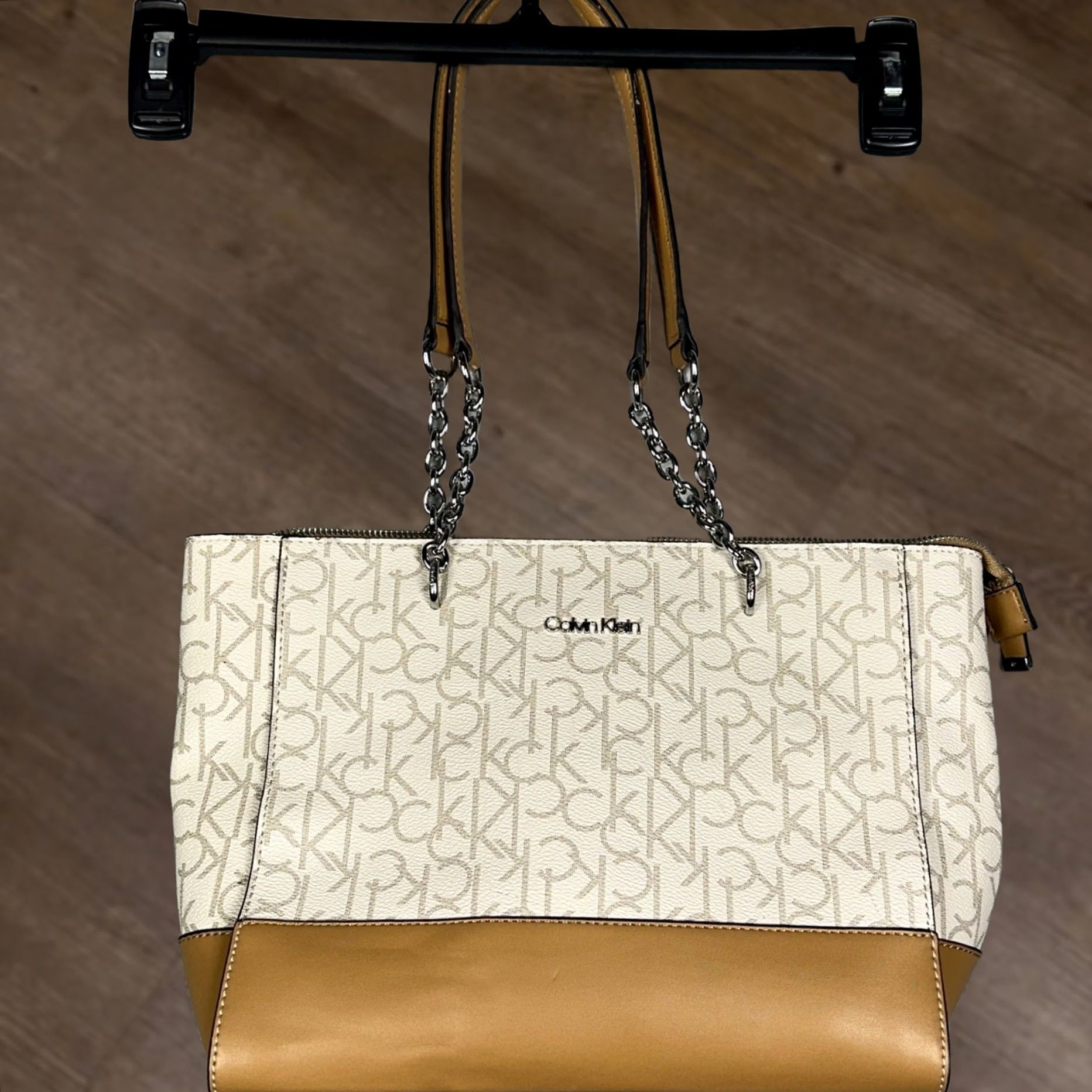 Calvin Klein Calvin Klein Tote Bag Monogram CK Logo Chain Strap Cream Tan Pouch Shoulder Bag Womens Medium Size ONE SIZE - 1 Thumbnail
