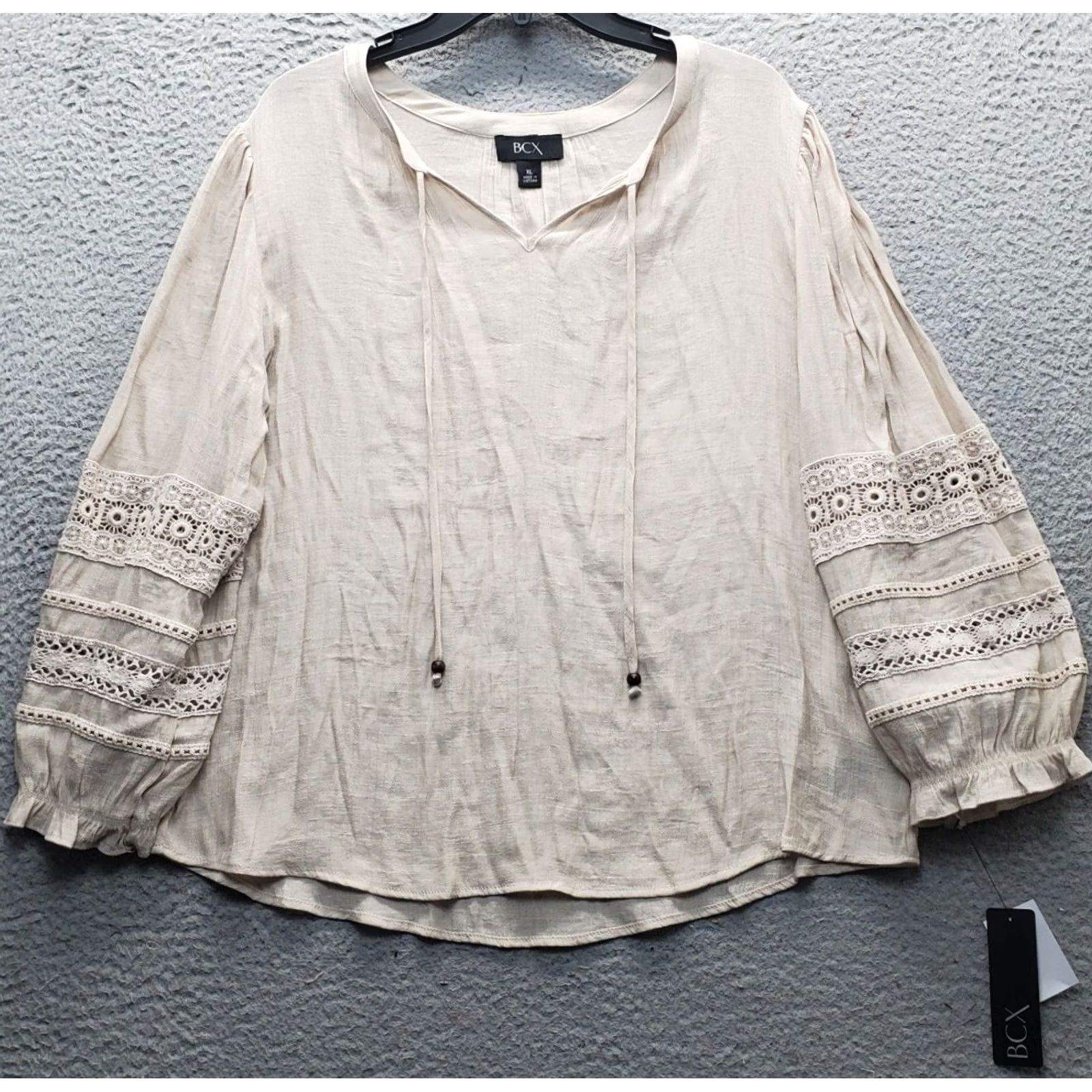 Vintage BCX Blouse Womens XL Tan Crochet Trim Balloon Sleeve V Neck Tie Front Shirt Adults Womens Size XL / US 12-14 / IT 48-50 - 2 Thumbnail
