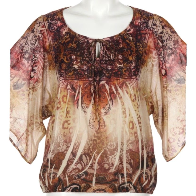 Vintage Unity World Wear Blouse Womens L Brown Short Sleeves Bohemian Fairy Paisley Round Neck Tunic Shirt Everyday Mens? Size L / US 10 / IT 46 - 2 Thumbnail