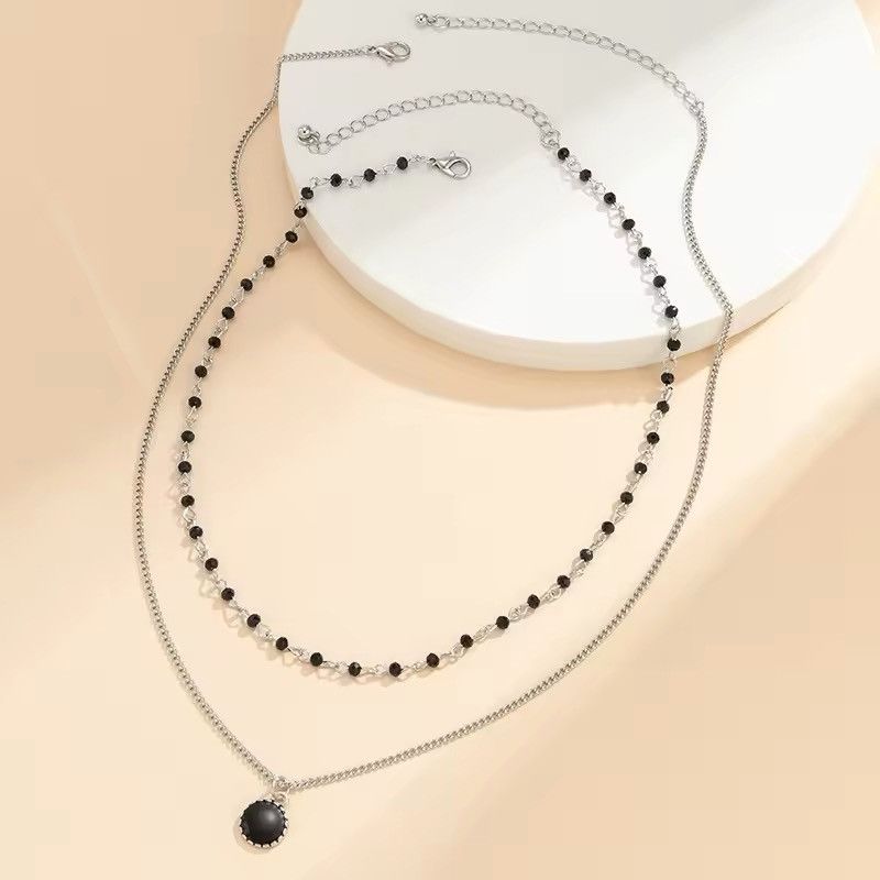 Jewelry Double Layer Black Rhinestone Pendant Silver Necklace Size ONE SIZE - 3 Thumbnail