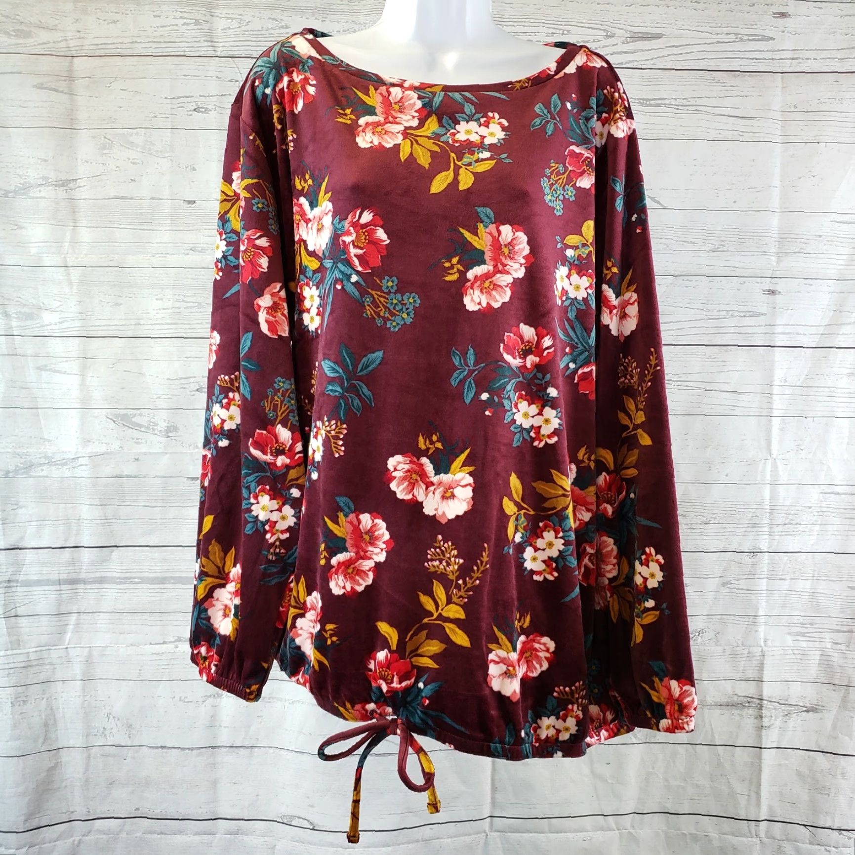 Loft VINTAGE Ann Taylor LOFT Womens Velour Drawstring Hem Top Sz 24/26 Maroon Long Sleeve Size 4XL / US 24-26 - 2 Thumbnail