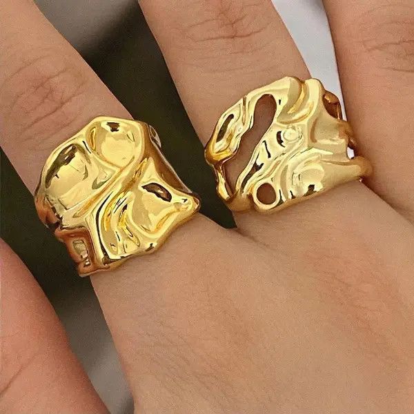 Jewelry Chunky Melted Gold Ring, Irregular Tarnish Ring Size ONE SIZE - 1 Thumbnail