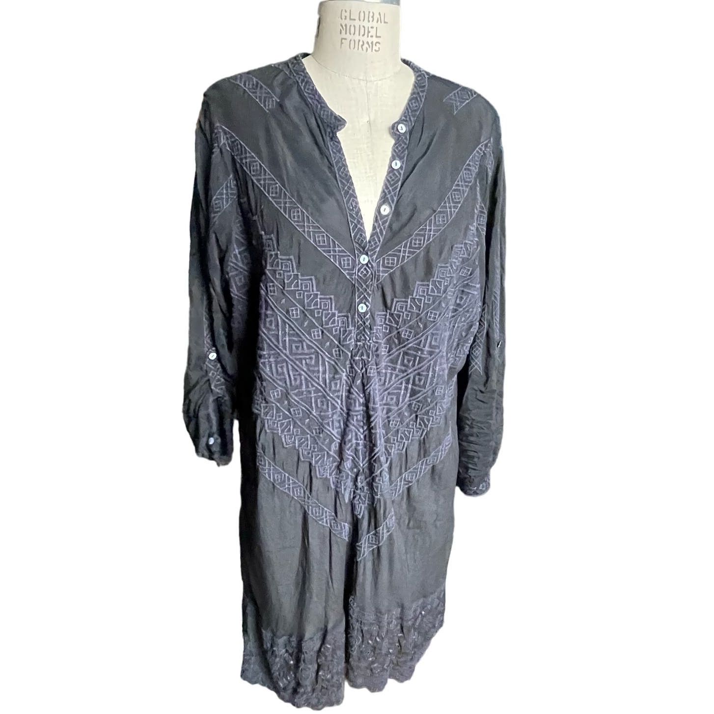 image of Johnny Was Henley Tunic Dress Black With Blue Embroidery, Women's (Size XL)