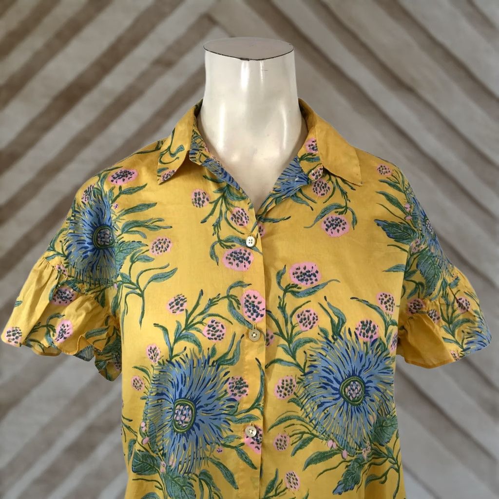 Madewell MADEWELL Women XS Yellow Floral Short Sleeve Collared Cotton Top Shirt Size XS / US 0-2 / IT 36-38 - 1 Thumbnail