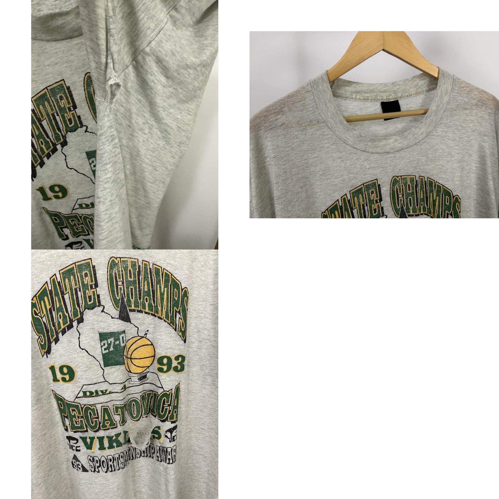Fruit Of The Loom VtG State Champs 90s Paper Thin Burnout Super Worn WIP Work T-Shirt 2XL Gray Mens Shirt Distressed Grunge Workwear 90s Mens Size US XXL / EU 58 / 5 - 8 Thumbnail