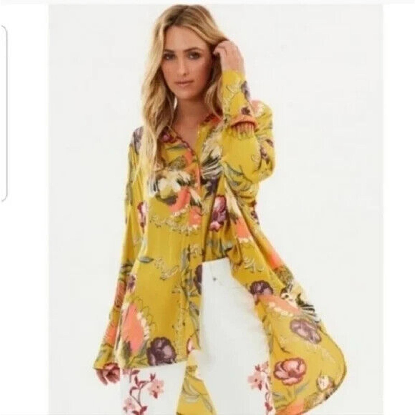 Free People FREE PEOPLE SILKY NIGHTS FLUER GOLD FLORAL LONG SLEEVE TOP Size XS / US 0-2 / IT 36-38 - 4 Thumbnail