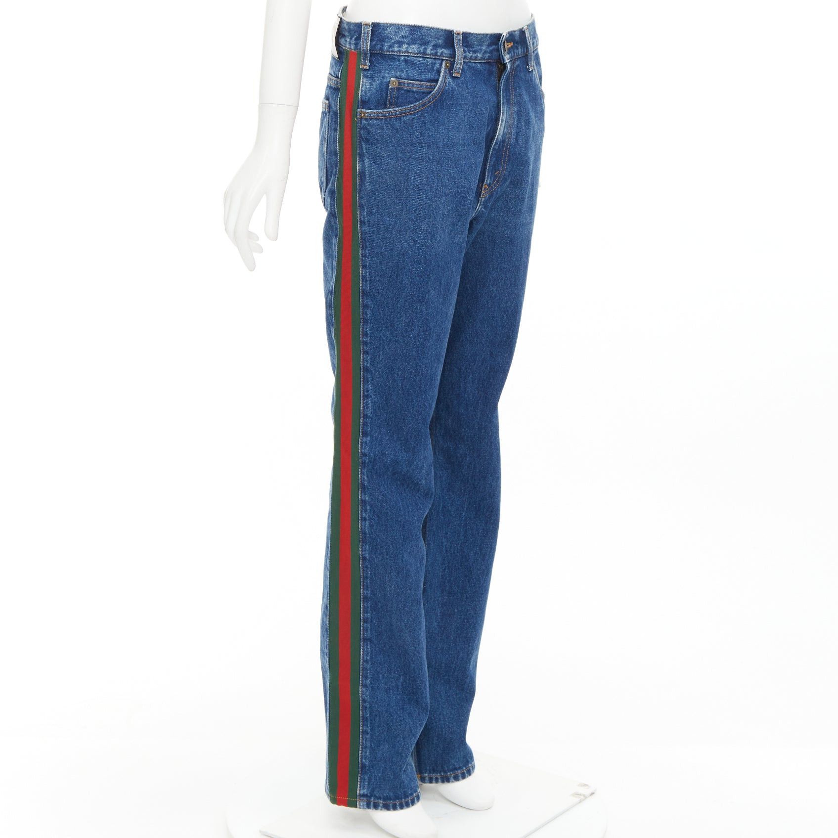 Gucci GUCCI blue cotton blend signature green red web trim straight leg jeans 31" Size US 30 / EU 46 - 1 Thumbnail